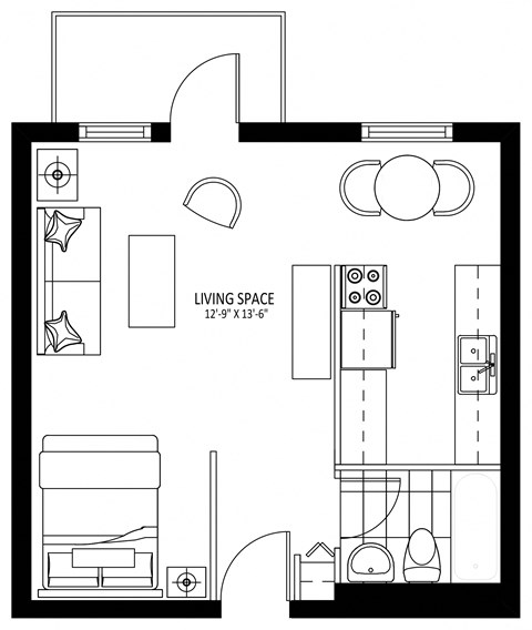 Floor plan for studio, 1 bath, 460 sqft